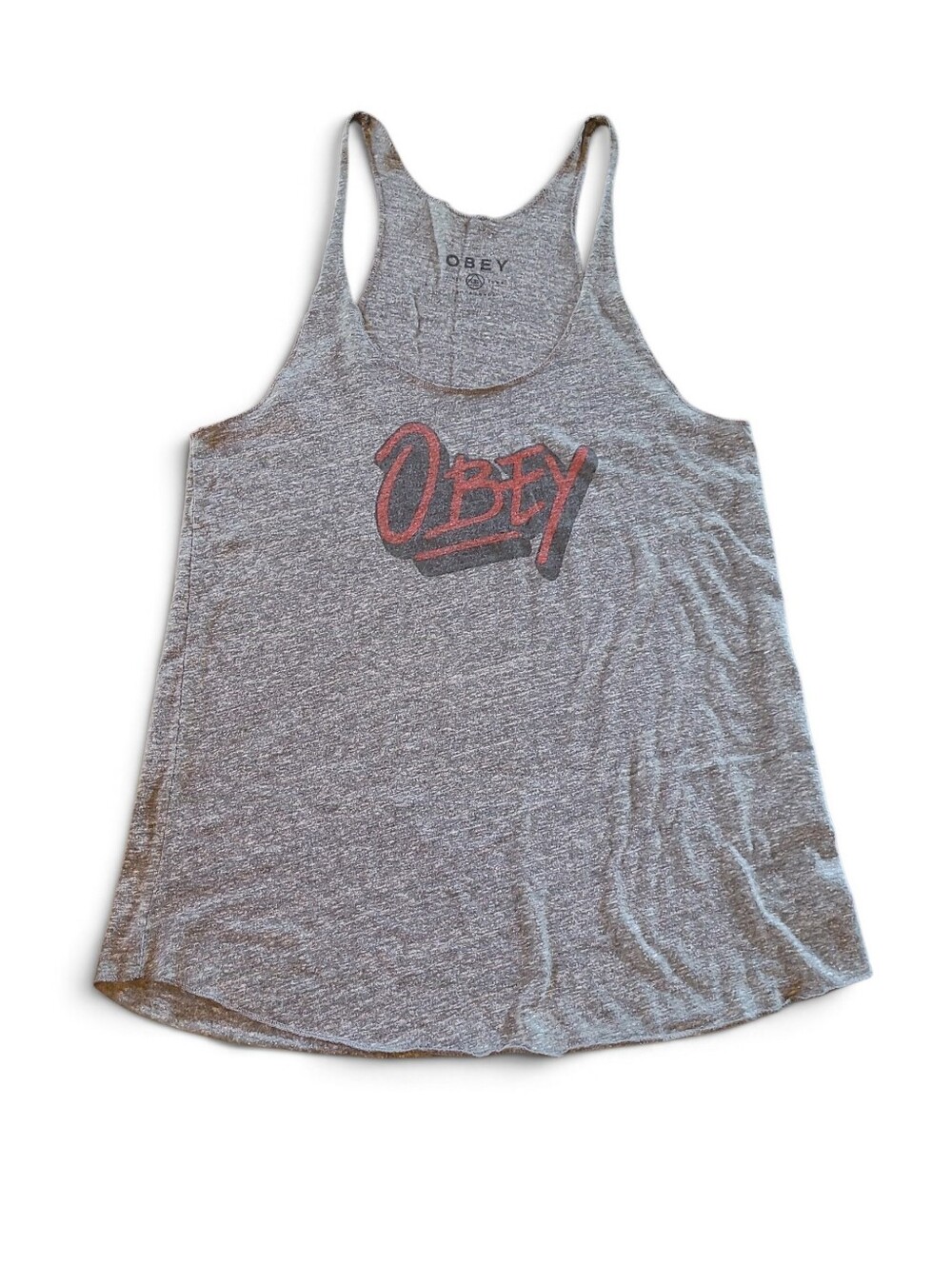 Women's Obey Tank Top Large Heather Grey With Red Logo Lettering